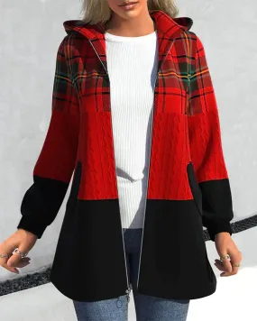 Heidi-Mode | Damen Farbblock Karojacke mit Kapuze und Reißverschluss