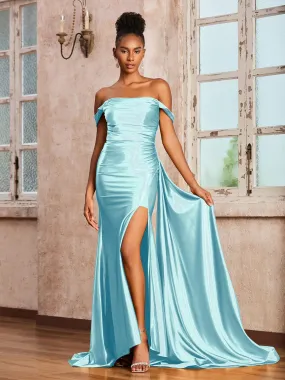 Schulterfrei Stretch-Satin Kleid mit Schleppe Nebel